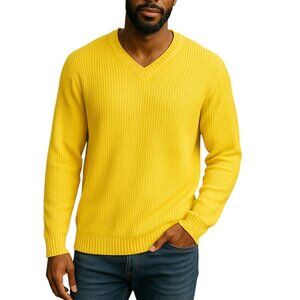 Tommy Hilfiger Men's V-Neck Yellow Soft Egg Crate Ribbed Knit Sweater Size 2XL